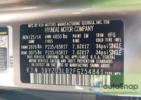 2015 Hyundai Santa Fe Sport 2.4L из США, поврежденный, VIN 5XYZU3LB2FG254841